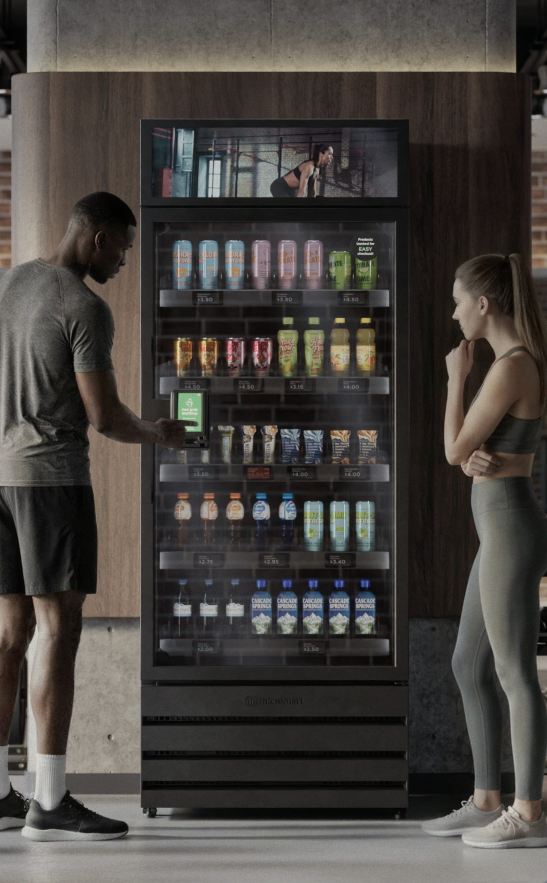 Single AI smart cooler unit in a gym or fitness center setting