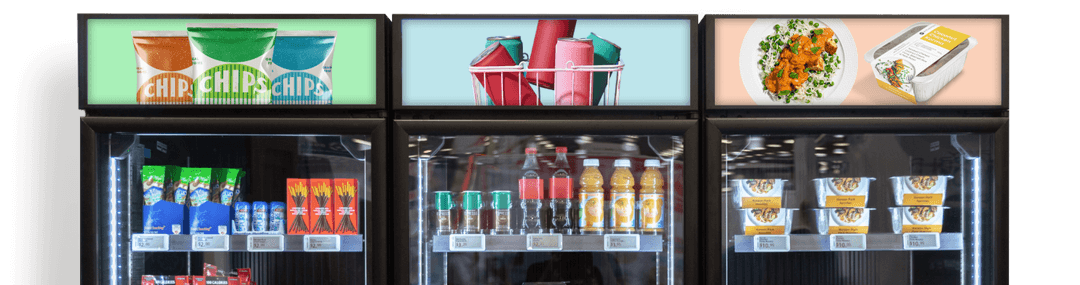 Three AI smart store cooler units side by side — snacks, drinks, and fresh food