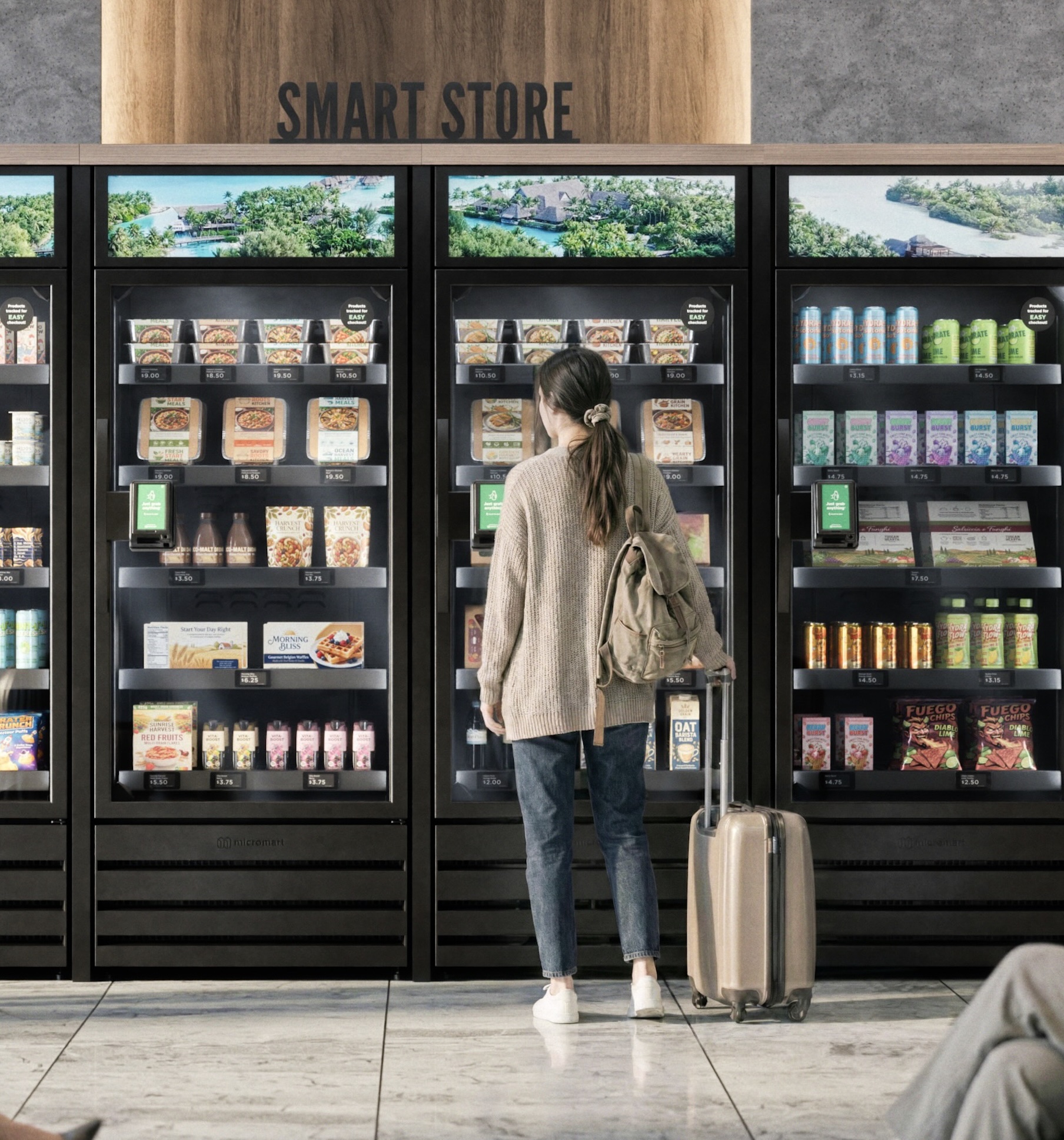 AI smart store cooler units fully stocked in a modern retail setting